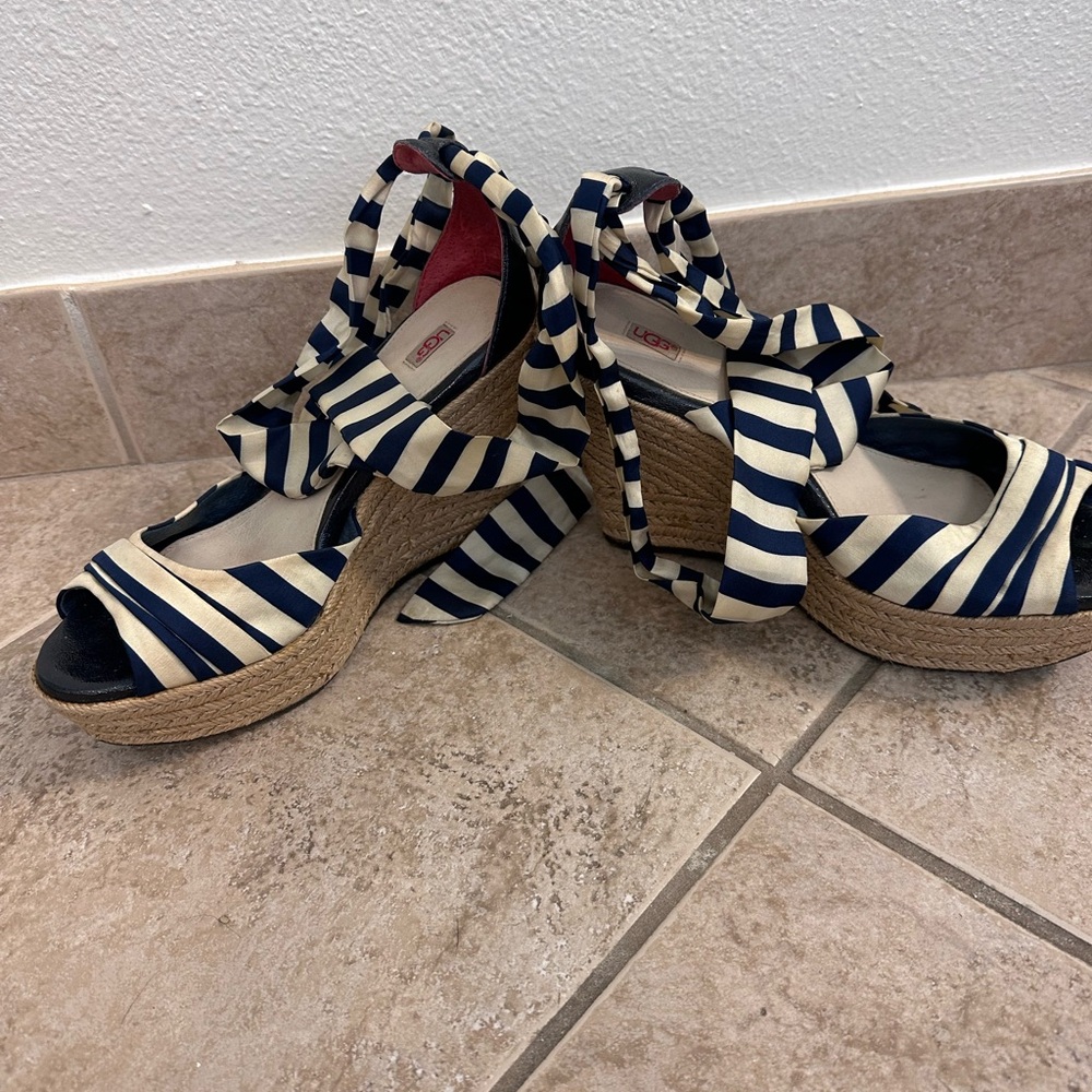 Navy blue & white wedges with ankle wrap . Size 7 1/2